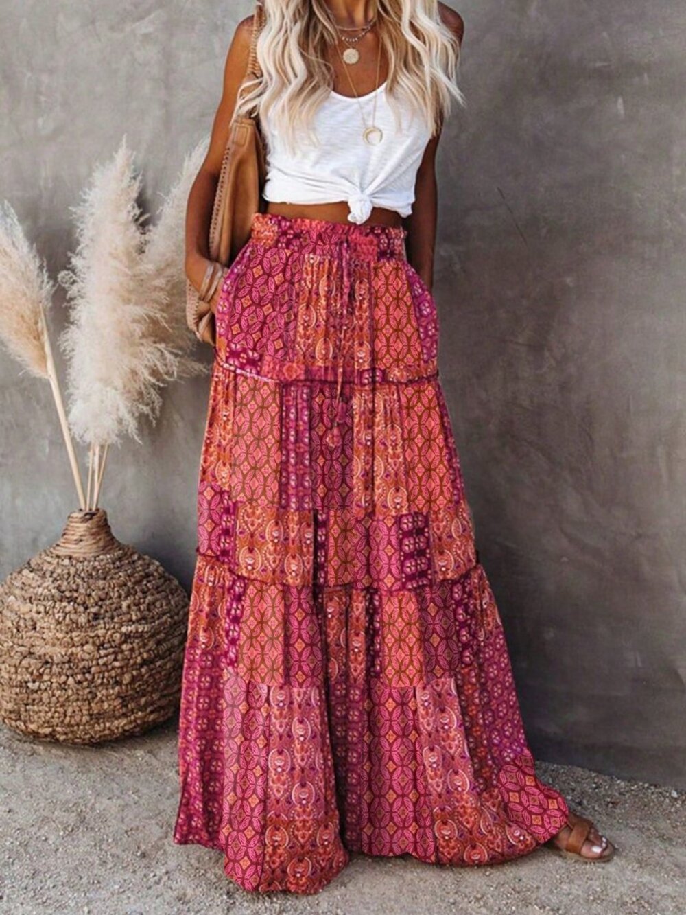 Red Bohemian Women's Lightweight High Waist Skirt with Floral Lace Hem
